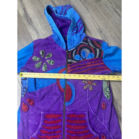 Rising International Patchwork Boho Hoodie Jacket Multicolor Cotton L Nepal - Picture 6 of 7